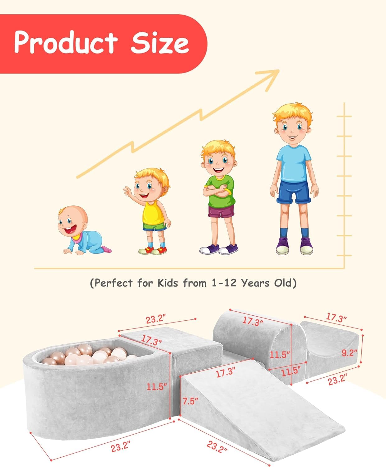 HOFISH 5-Piece Foam Playset for Toddler Children, Playset Designed Easy to Clean or Install, Children Indoor Active Climbing Crawling and Playing -(Balls NOT Included) (Light Gray, 5PCS)