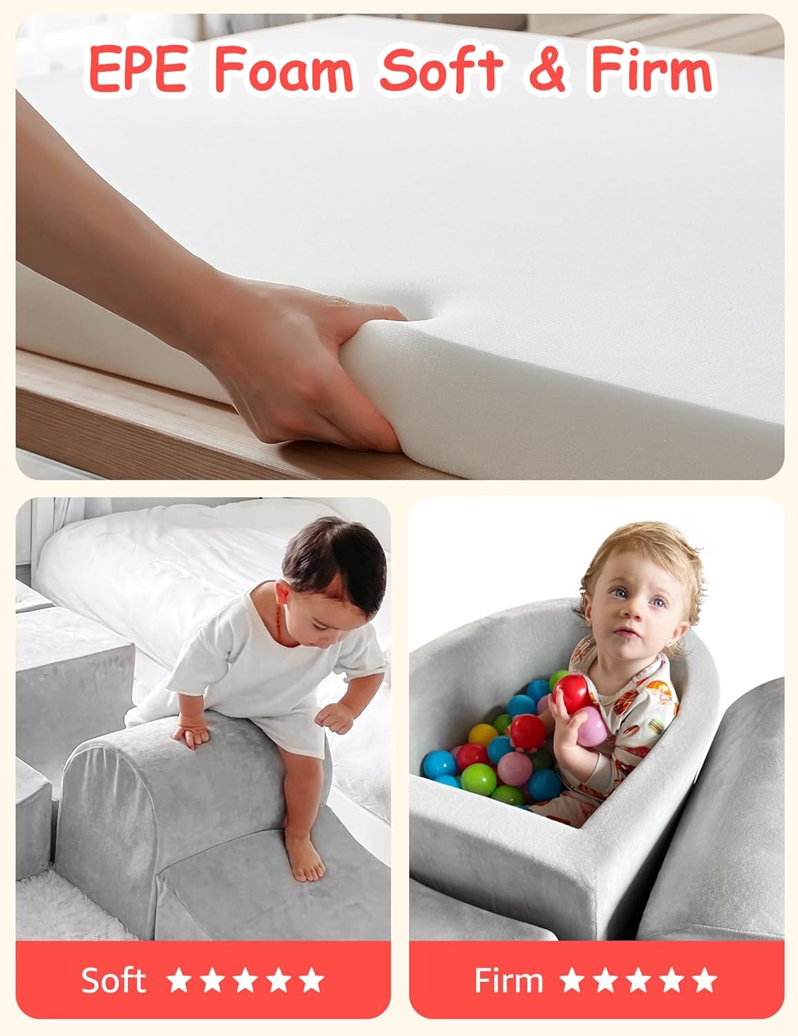 HOFISH 5-Piece Foam Playset for Toddler Children, Playset Designed Easy to Clean or Install, Children Indoor Active Climbing Crawling and Playing -(Balls NOT Included) (Light Gray, 5PCS)