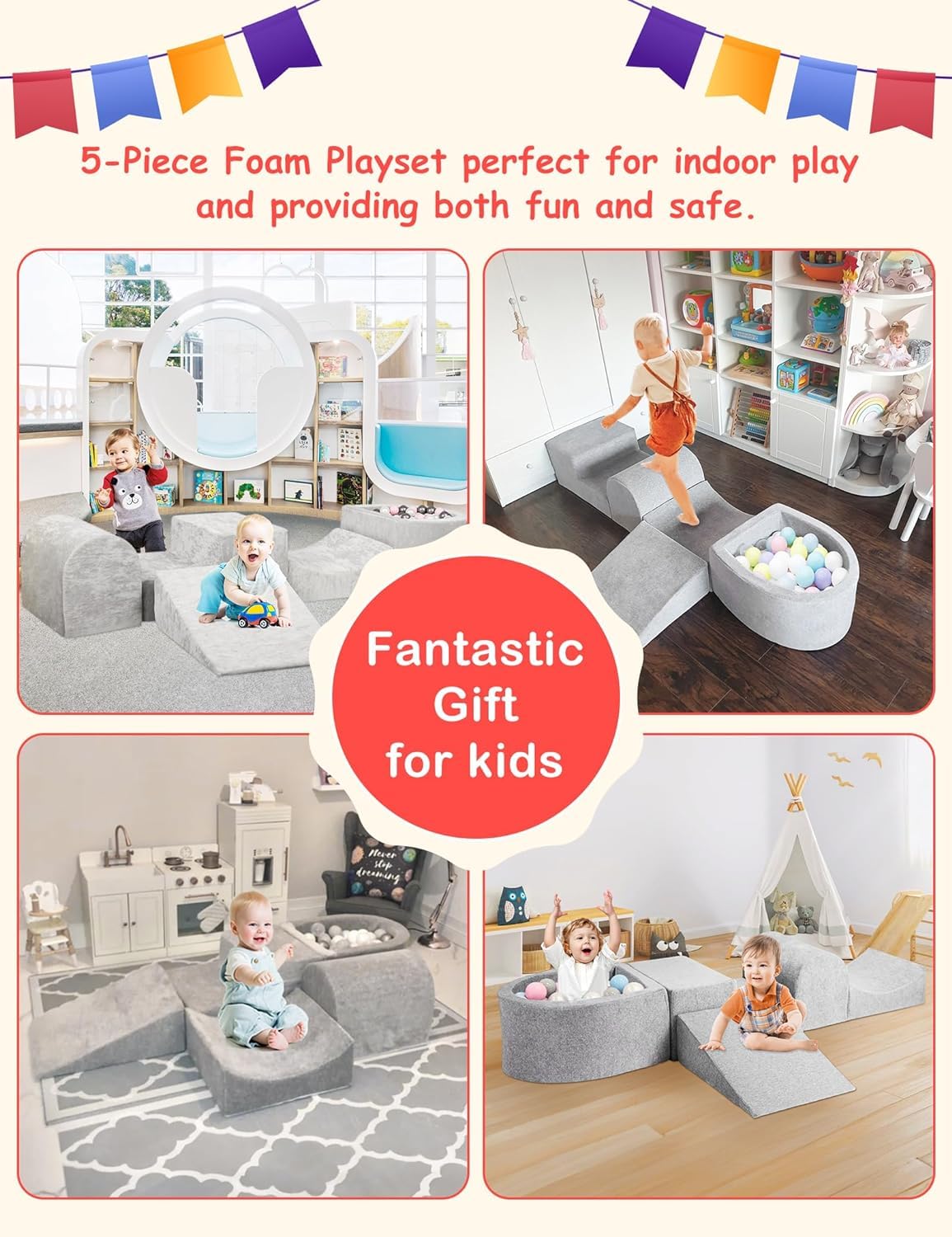 HOFISH 5-Piece Foam Playset for Toddler Children, Playset Designed Easy to Clean or Install, Children Indoor Active Climbing Crawling and Playing -(Balls NOT Included) (Light Gray, 5PCS)