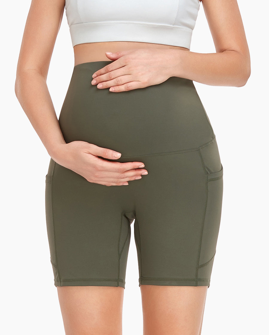 HOFISH Women's Maternity Yoga Shorts Over The Belly Active Summer Running Workout Pants Shorts Pockets【Pure Color Series】