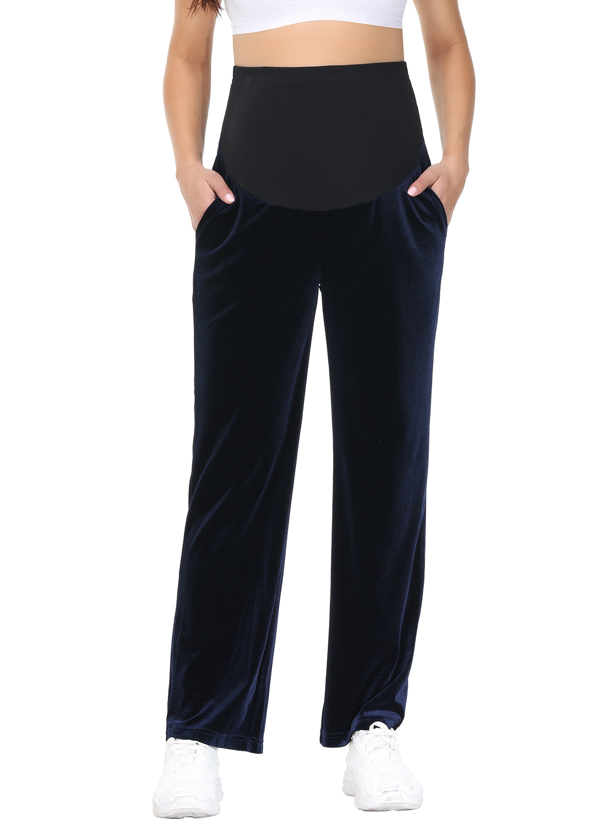 Women's Pleuche Maternity Loose Pants with Pockets Navy