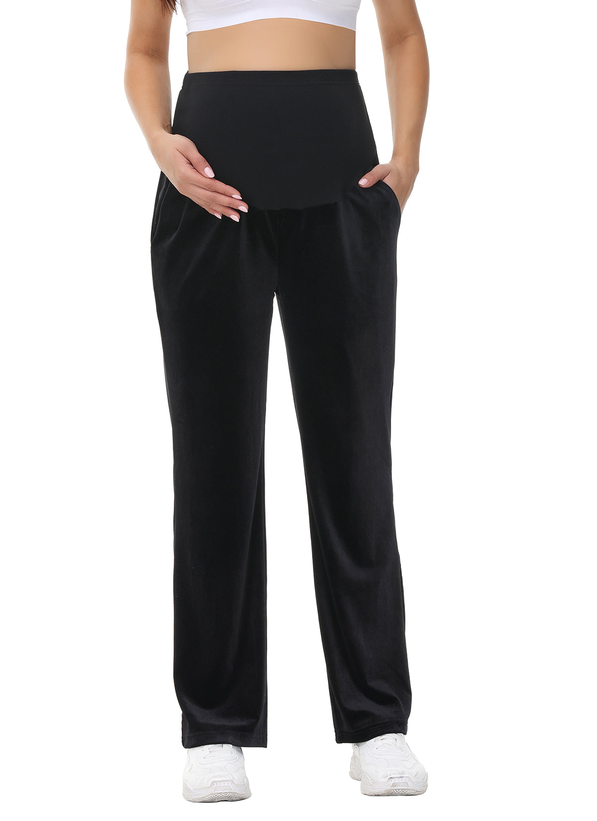 Women's Pleuche Maternity Loose Pants with Pockets Black