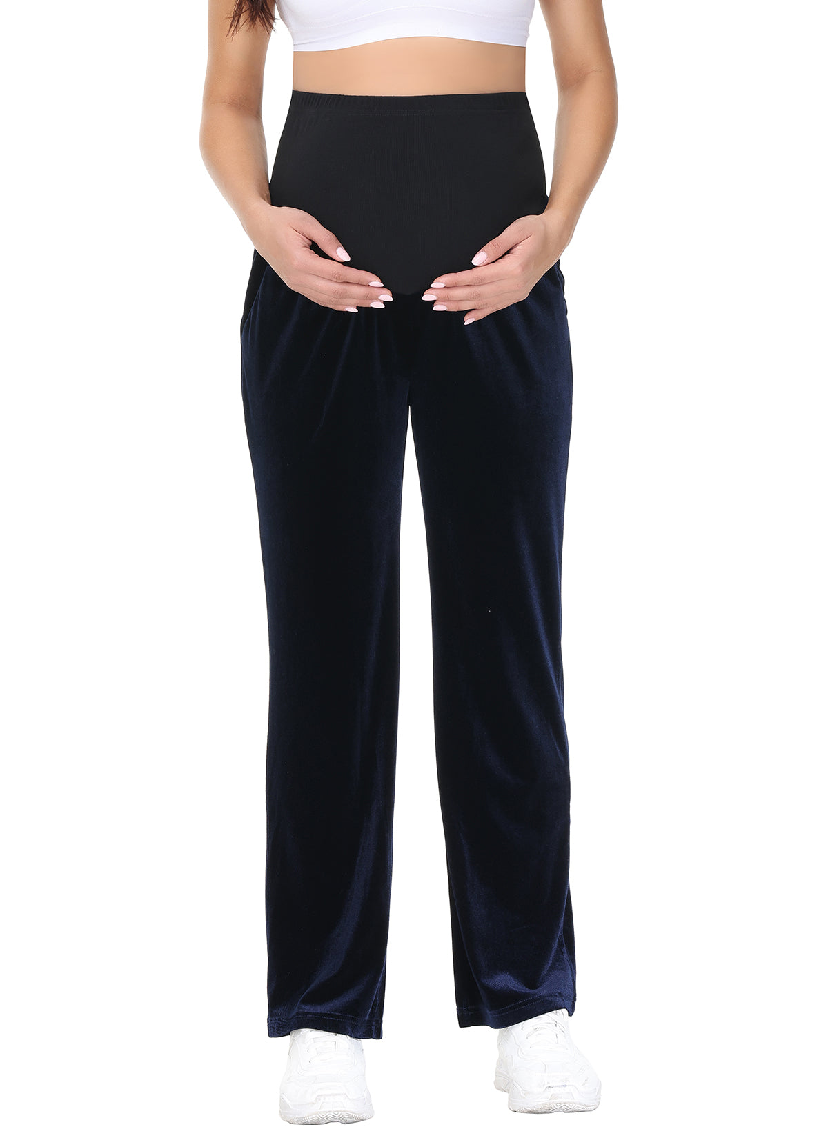 Women's Pleuche Maternity Loose Pants with Pockets Navy