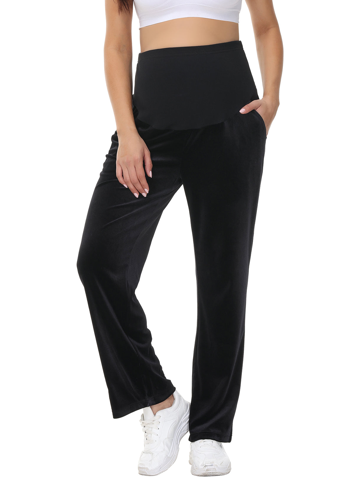 Women's Pleuche Maternity Loose Pants with Pockets Black