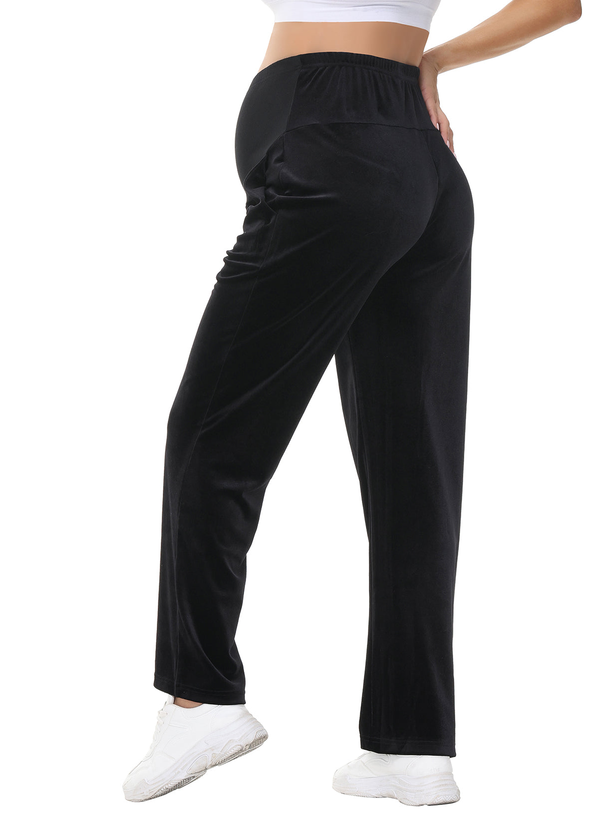 Women's Pleuche Maternity Loose Pants with Pockets Black