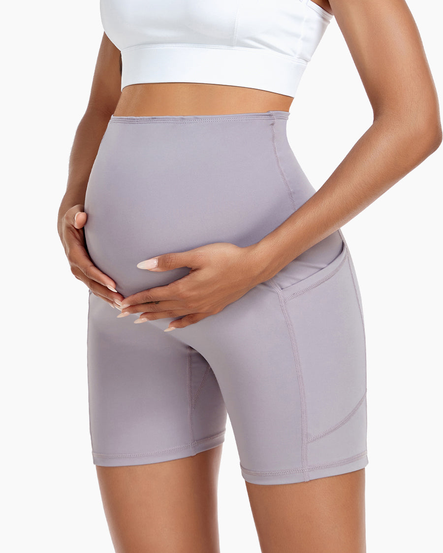 HOFISH Women's Maternity Yoga Shorts Over The Belly Active Summer Running Workout Pants Shorts Pockets【Pure Color Series】