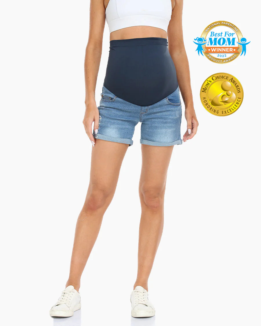 HOFISH Womens Maternity Jeans Shorts Over The Belly Stretchy Comfy Denim Pants Casual Workout Pregnancy Shorts