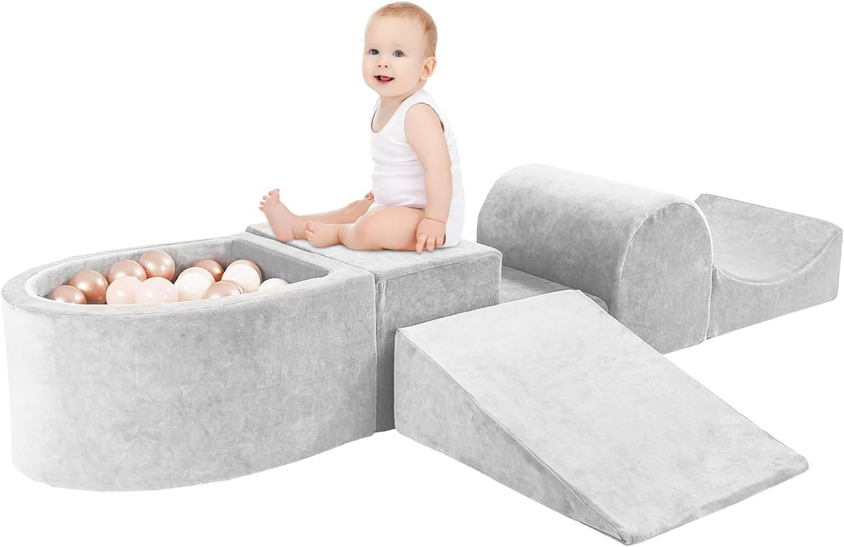 HOFISH 5-Piece Foam Playset for Toddler Children, Playset Designed Easy to Clean or Install, Children Indoor Active Climbing Crawling and Playing -(Balls NOT Included) (Light Gray, 5PCS)