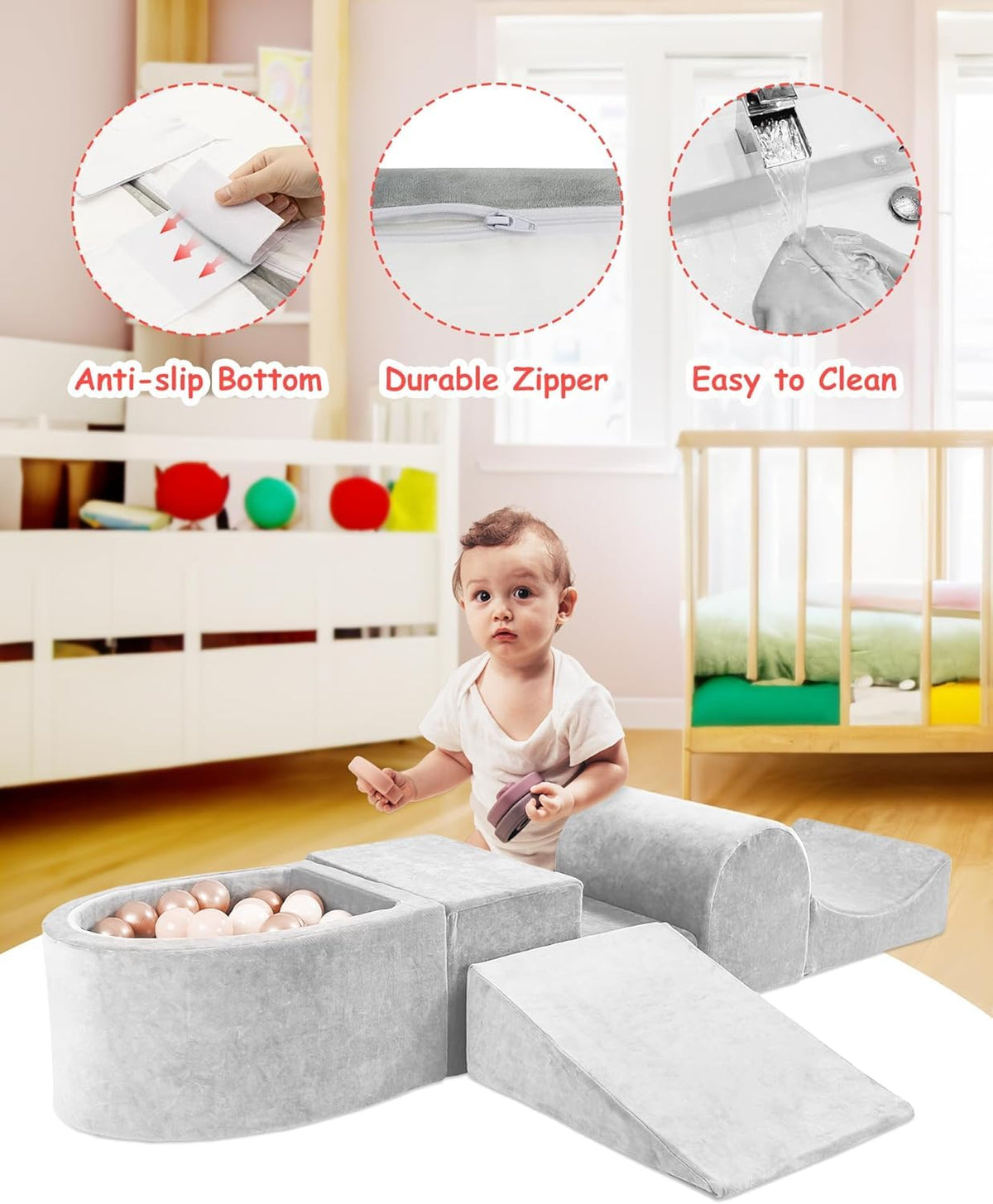 HOFISH 5-Piece Foam Playset for Toddler Children, Playset Designed Easy to Clean or Install, Children Indoor Active Climbing Crawling and Playing -(Balls NOT Included) (Light Gray, 5PCS)