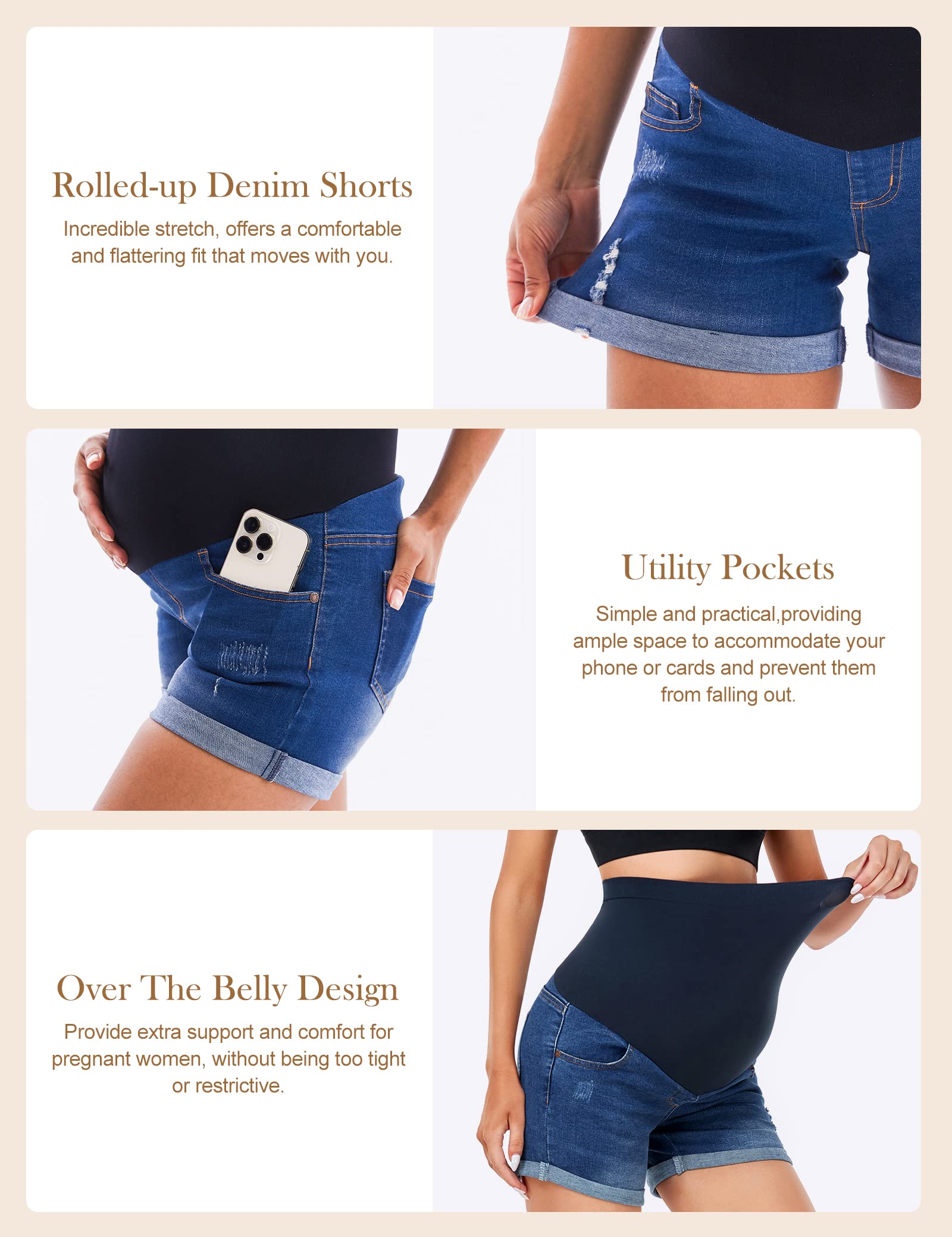 HOFISH Womens Maternity Jeans Shorts Over The Belly Stretchy Comfy Denim Pants Casual Workout Pregnancy Shorts