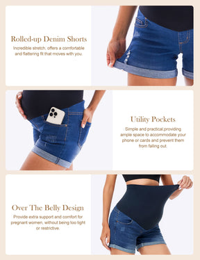 HOFISH Womens Maternity Jeans Shorts Over The Belly Stretchy Comfy Denim Pants Casual Workout Pregnancy Shorts