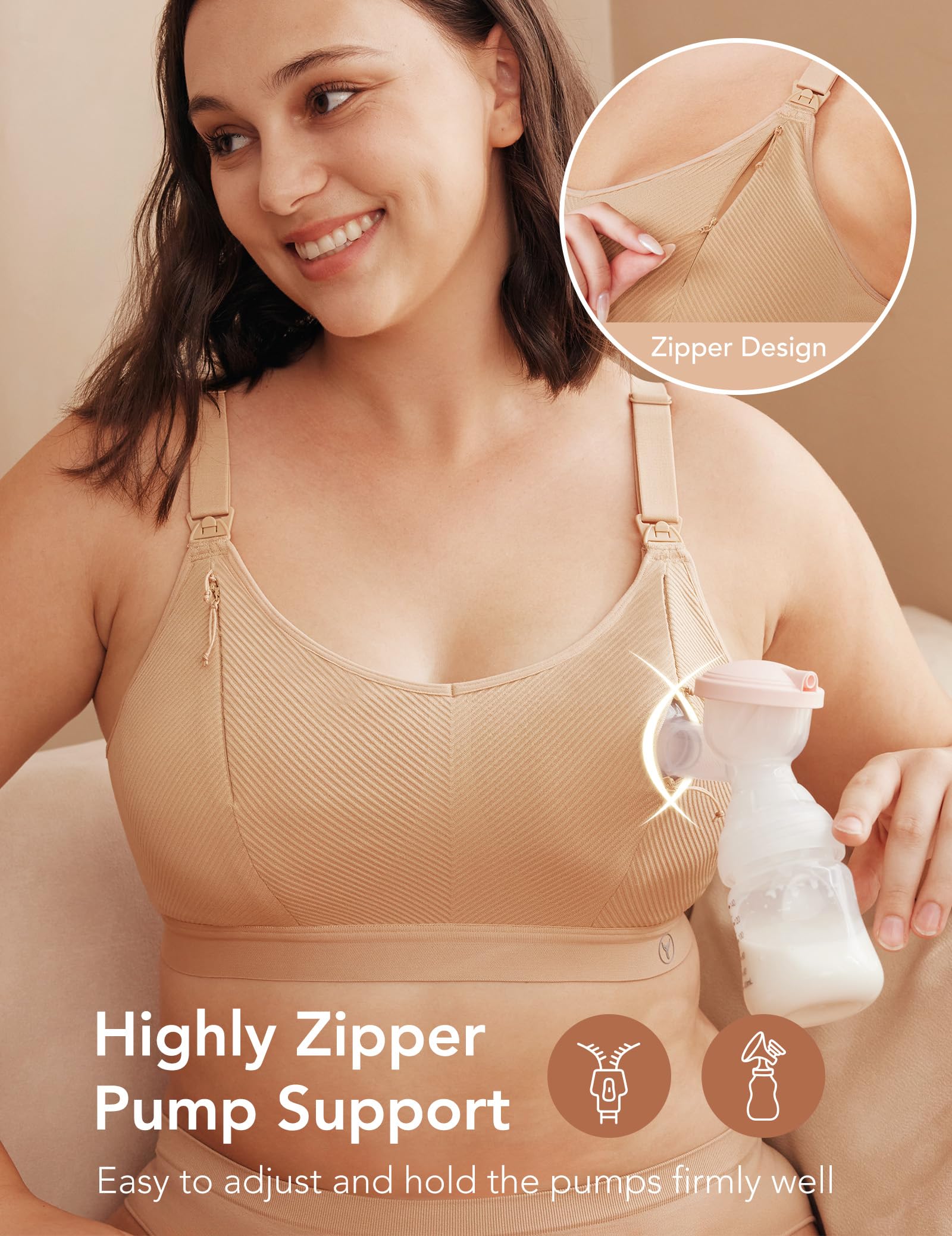Pumping Bra Hands Free Zip Opening Design Seamless Nursing Bras for Breastfeeding High Support Nursing & Pumping Bra