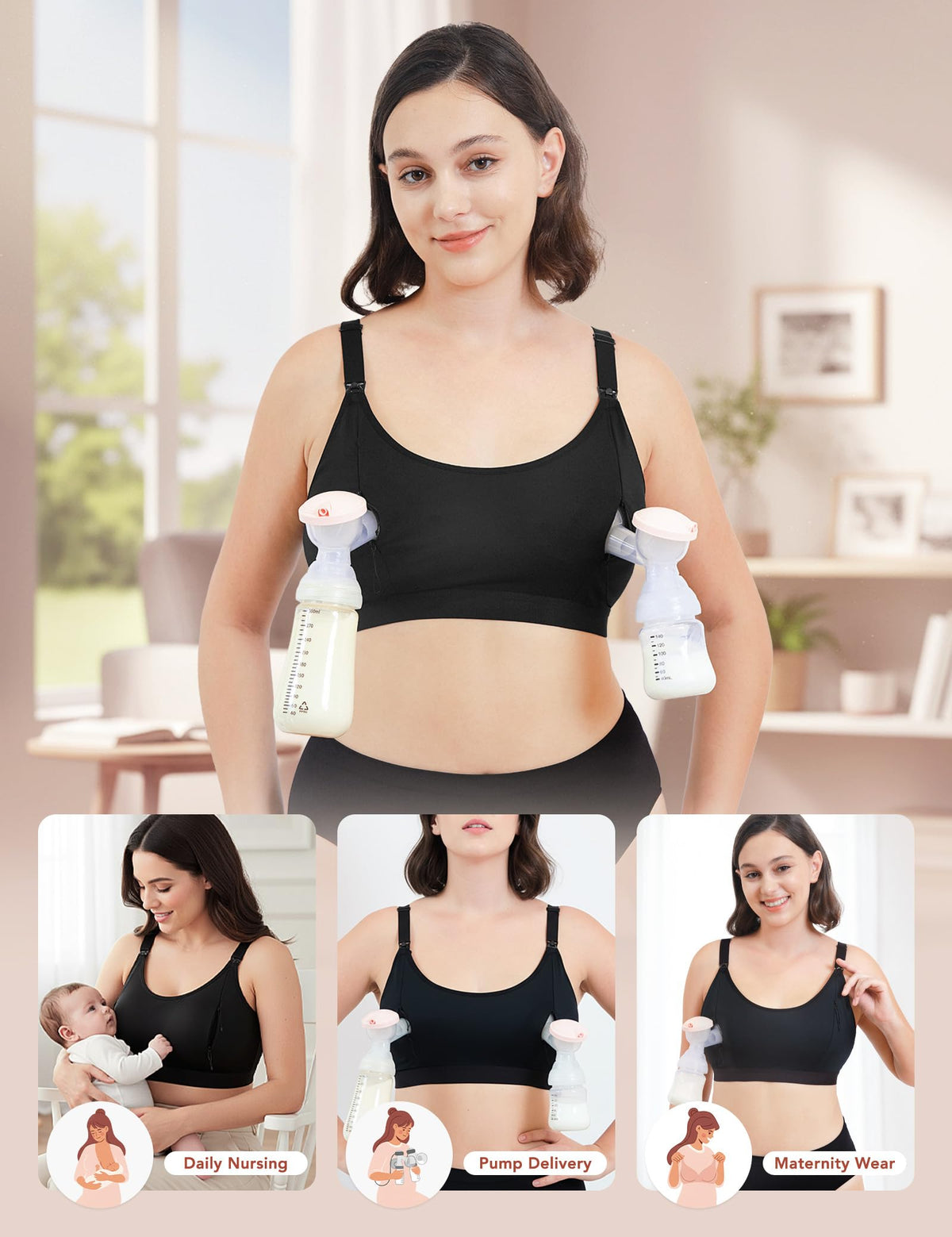 HOFISH ZipPum Bra, Hands-Free Pumping & Nursing Bra, Dual-Zip Adjustable Non-Stretch Prevents Bottle Drop, Breastfeeding Comfort Support Black