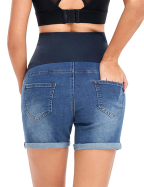 HOFISH Womens Maternity Jeans Shorts Over The Belly Stretchy Comfy Denim Pants Casual Workout Pregnancy Shorts