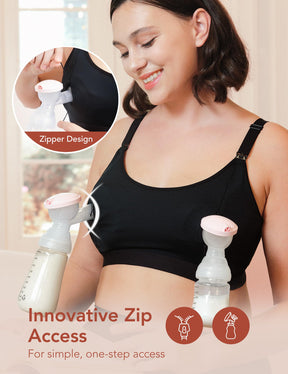 HOFISH ZipPum Bra, Hands-Free Pumping & Nursing Bra, Dual-Zip Adjustable Non-Stretch Prevents Bottle Drop, Breastfeeding Comfort Support Black
