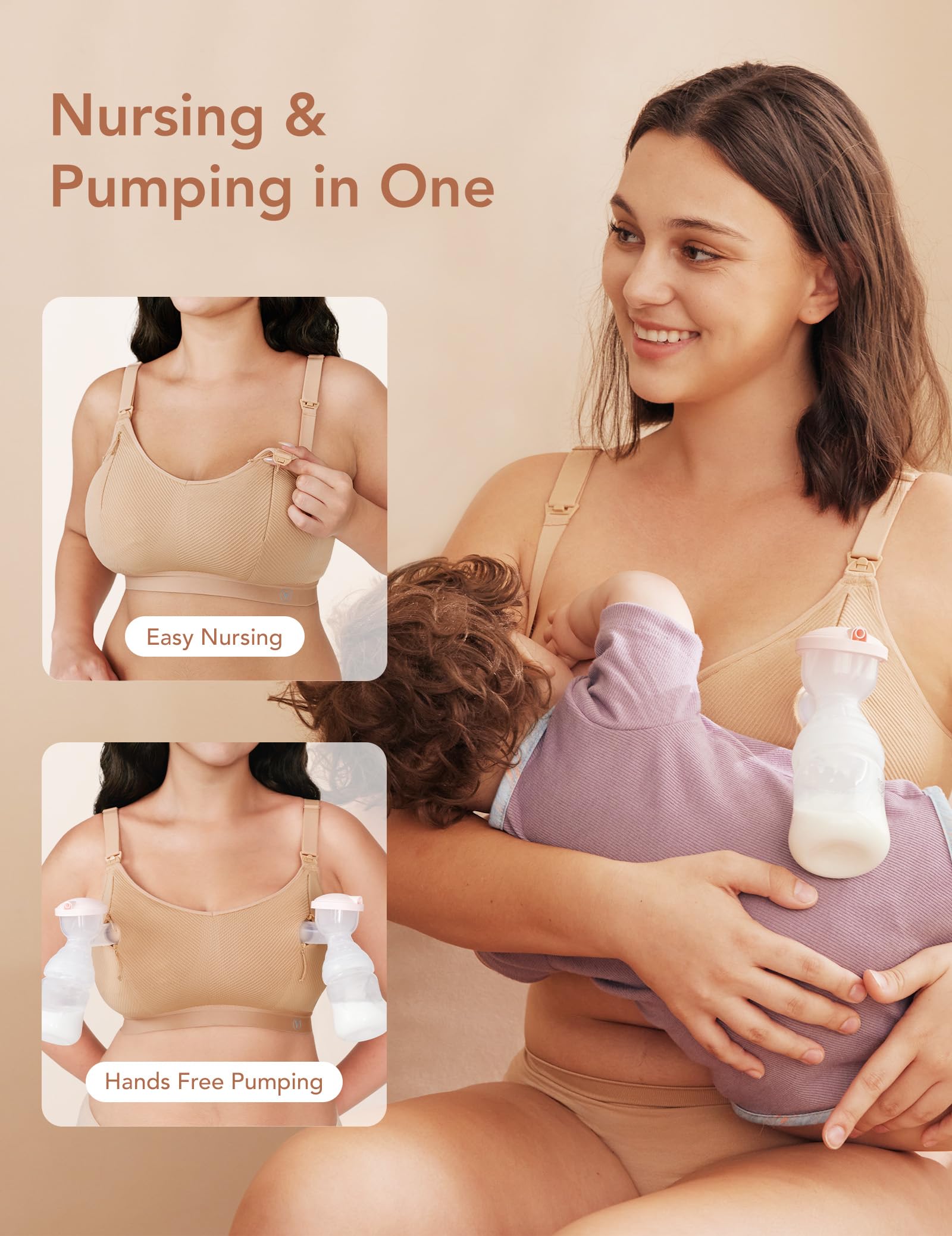 Pumping Bra Hands Free Zip Opening Design Seamless Nursing Bras for Breastfeeding High Support Nursing & Pumping Bra
