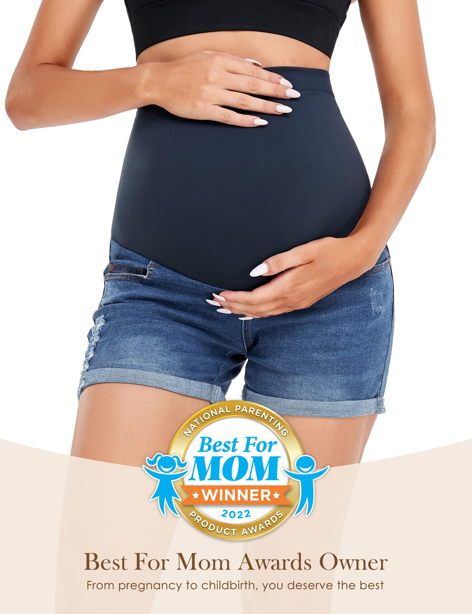 HOFISH Womens Maternity Jeans Shorts Over The Belly Stretchy Comfy Denim Pants Casual Workout Pregnancy Shorts