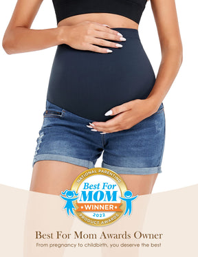 HOFISH Womens Maternity Jeans Shorts Over The Belly Stretchy Comfy Denim Pants Casual Workout Pregnancy Shorts