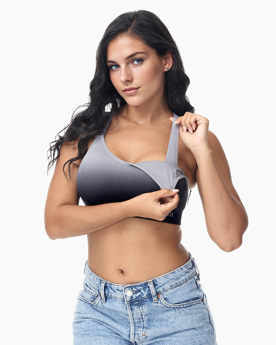 Support Nursing Sports Bra Seamless Medium Impact Racerback Nursing Bras  Pregnancy Padded Breastfeeding Bra Black/Grey XL