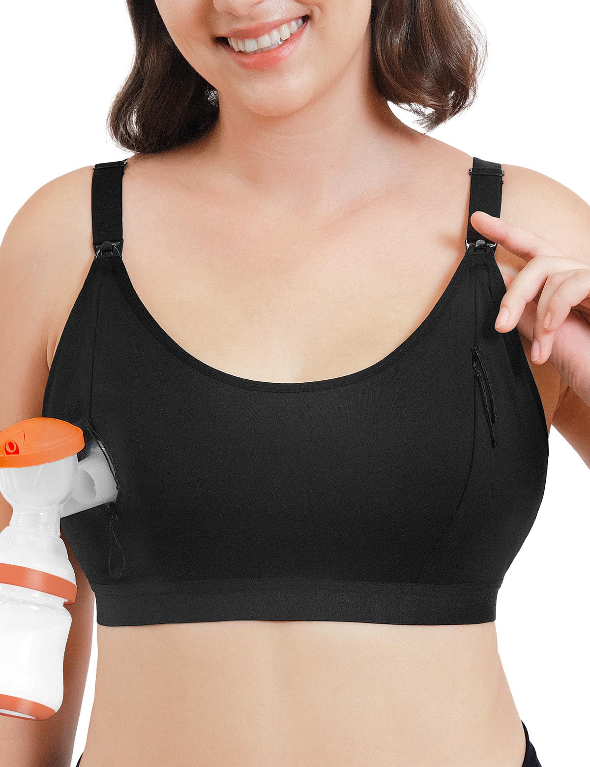 HOFISH ZipPum Bra, Hands-Free Pumping & Nursing Bra, Dual-Zip Adjustable Non-Stretch Prevents Bottle Drop, Breastfeeding Comfort Support Black
