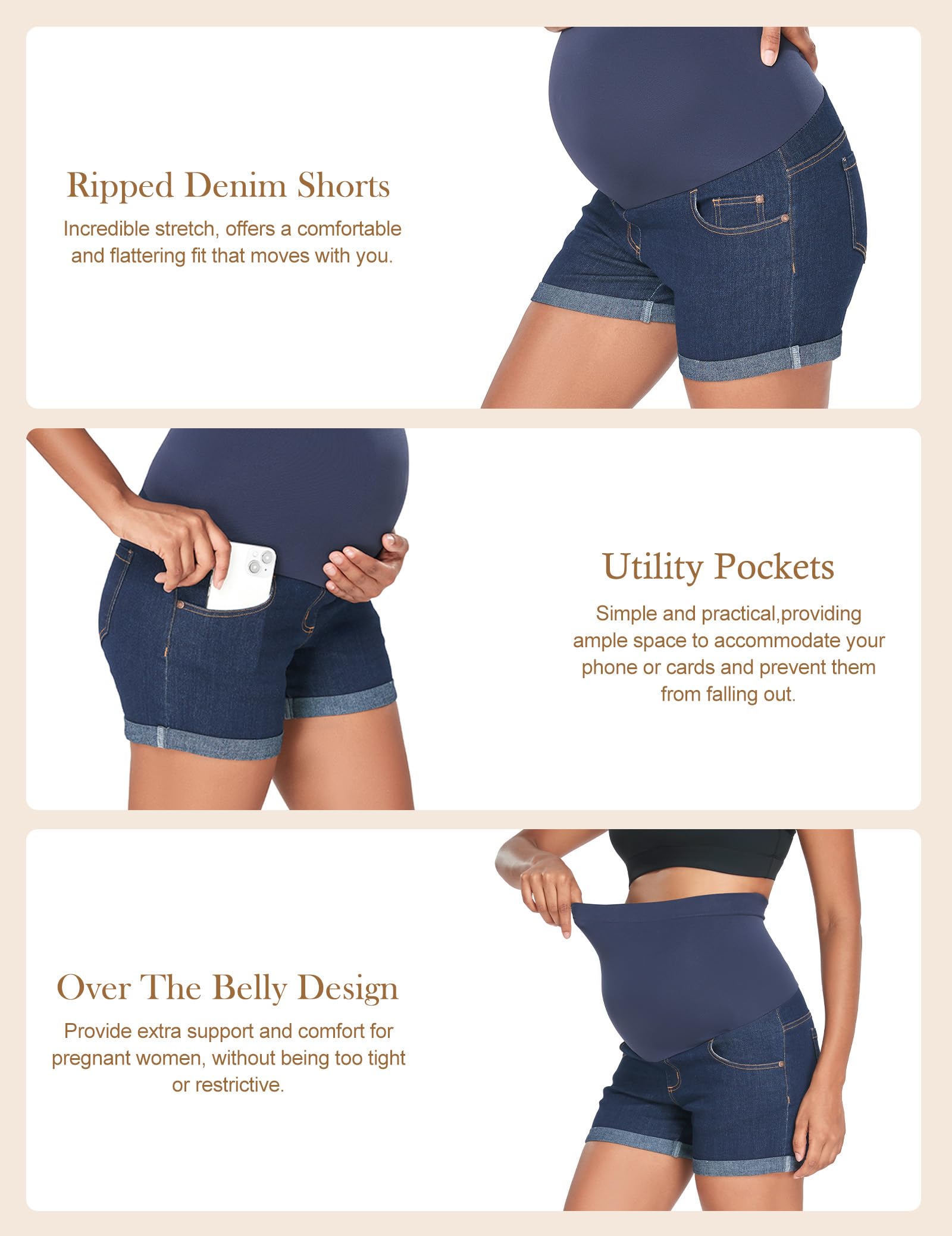 HOFISH Womens Maternity Jeans Shorts Over The Belly Stretchy Comfy Denim Pants Casual Workout Pregnancy Shorts