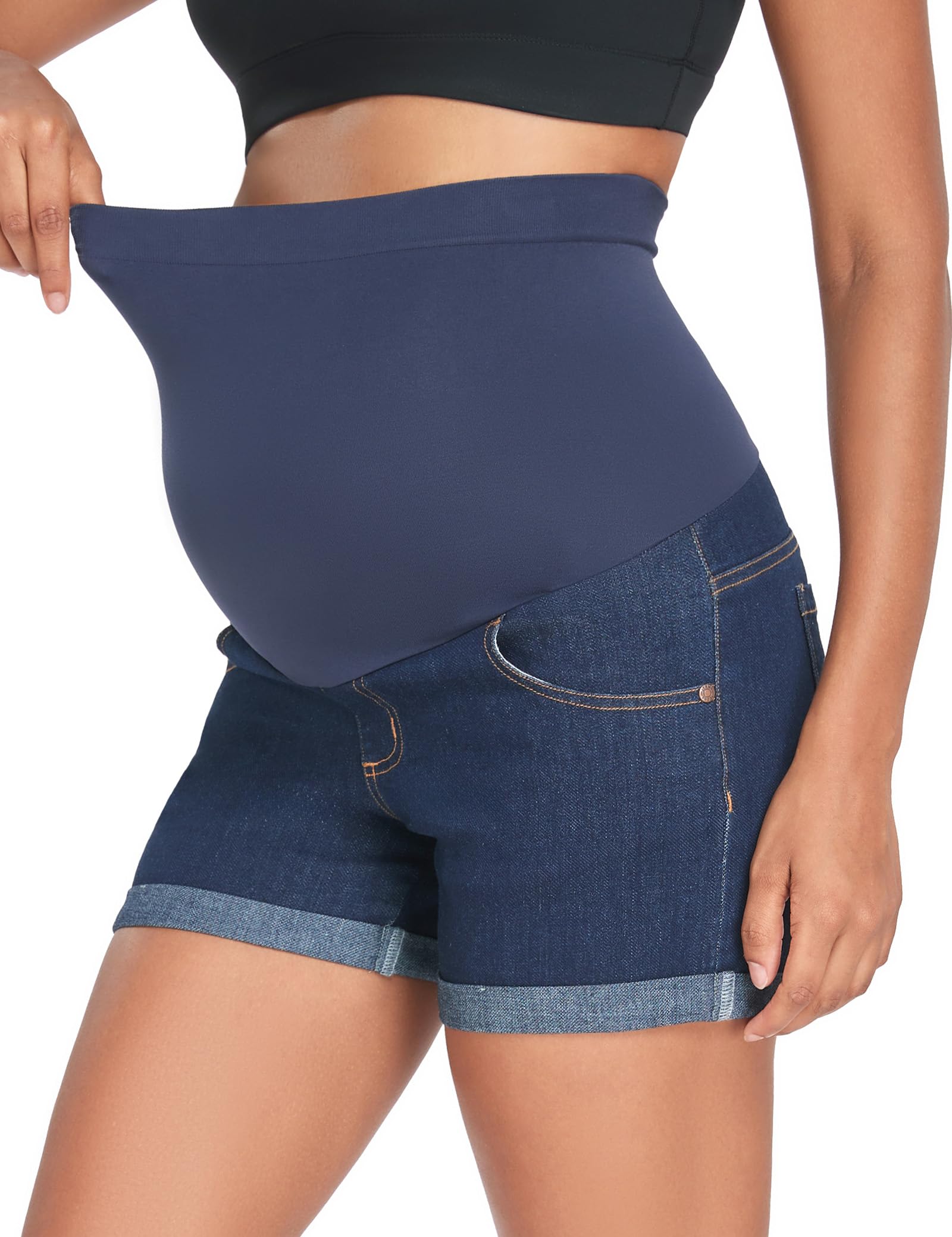 HOFISH Womens Maternity Jeans Shorts Over The Belly Stretchy Comfy Denim Pants Casual Workout Pregnancy Shorts