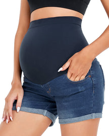 HOFISH Womens Maternity Jeans Shorts Over The Belly Stretchy Comfy Denim Pants Casual Workout Pregnancy Shorts