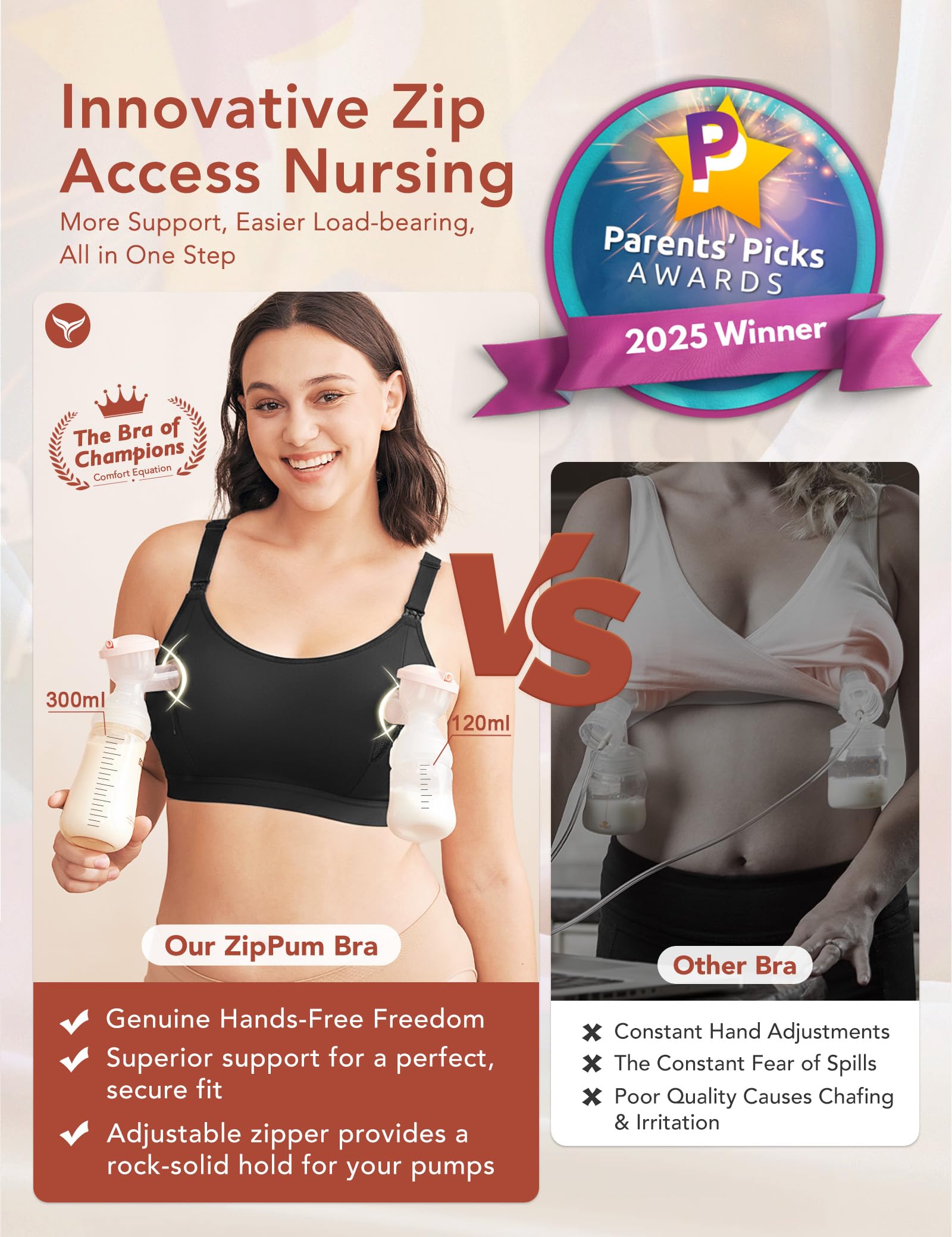 HOFISH ZipPum Bra, Hands-Free Pumping & Nursing Bra, Dual-Zip Adjustable Non-Stretch Prevents Bottle Drop, Breastfeeding Comfort Support Black