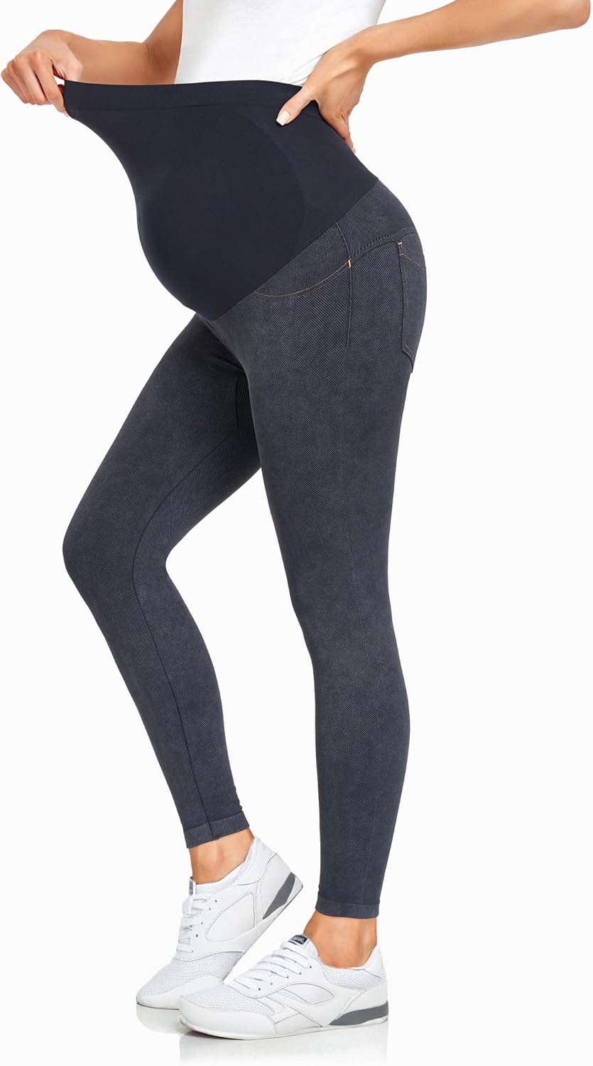 HOFISH Maternity Denim Leggings Over The Belly Seamless Comfy Pregnancy Faux Jeans Pants with Pockets