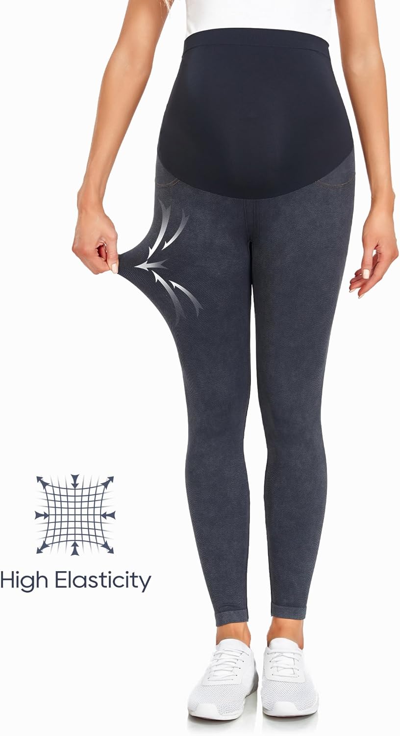 HOFISH Maternity Denim Leggings Over The Belly Seamless Comfy Pregnancy Faux Jeans Pants with Pockets