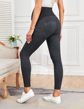 HOFISH Maternity Denim Leggings Over The Belly Seamless Comfy Pregnancy Faux Jeans Pants with Pockets