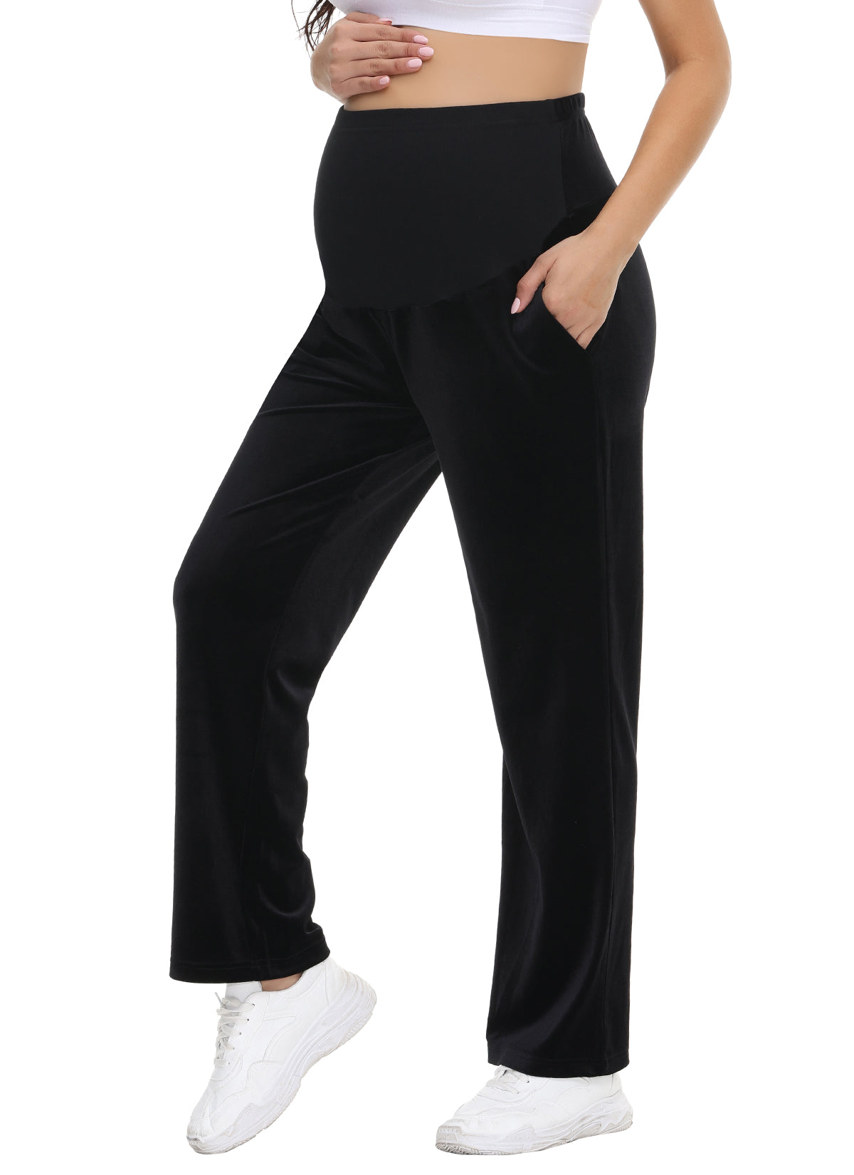 Women's Pleuche Maternity Loose Pants with Pockets Black