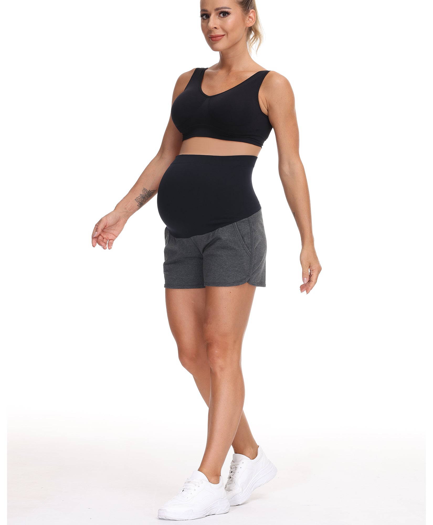 Over The Belly Pregnancy Support Cotton Maternity Shorts Grey